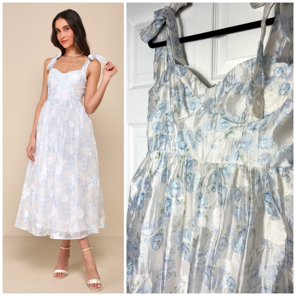 Lulus White Baby Blue Floral Burnout Tie-Strap Sweetheart Midi Dress Size M